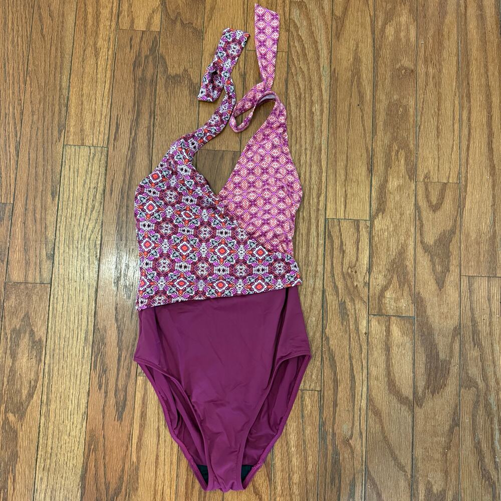Lauren‎ Ralph Lauren maroon geometric tile print wrap top bathing suit size 4 - Picture 2 of 8